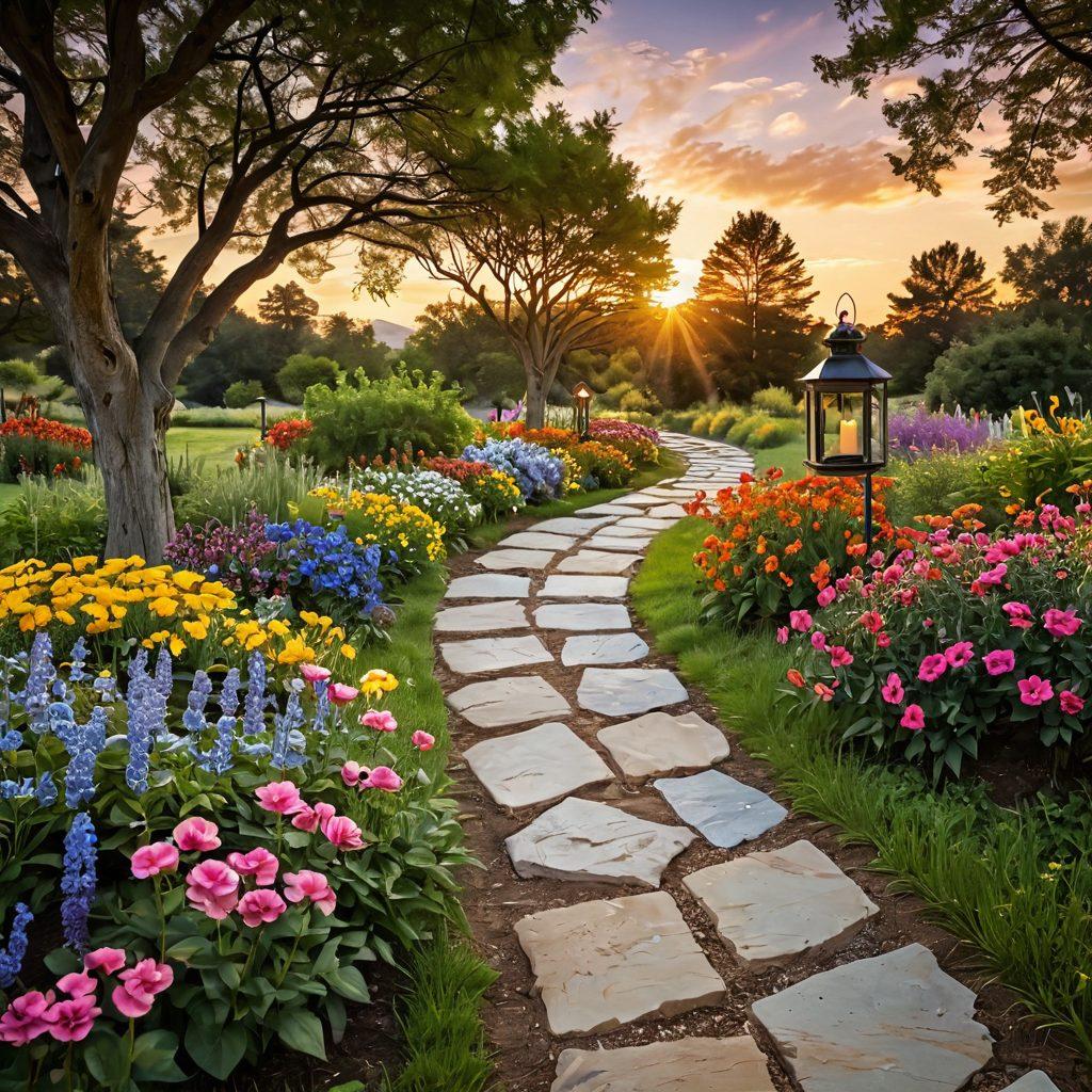 A serene landscape featuring a peaceful garden with colorful flowers, a winding path leading towards a sunset backdrop. Incorporate symbols of love and remembrance, such as lanterns or candles along the path. Include gentle wildlife like butterflies or birds to reflect life. Emphasize harmony between nature and human emotions, symbolizing compassion and sustainability in end-of-life planning. vibrant colors. soft focus. nature-inspired. minimalist.