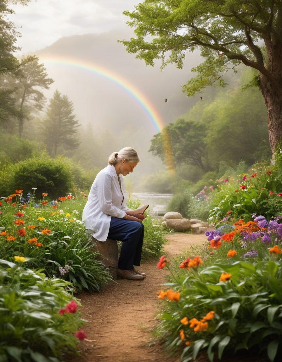 A serene outdoor scene depicting a gentle transition from the harsh realities of oncology to the peaceful, eco-friendly funerals. Include a caregiver nurturing vibrant plants, surrounded by nature, while softly holding a biodegradable urn. Show a rainbow in the background symbolizing hope and remembrance, with butterflies fluttering around. Illustrate the essence of comfort, compassion, and sustainability. vibrant colors. peaceful landscape. nature-inspired.